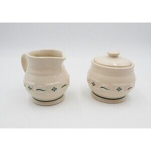 Longaberger Pottery Woven Traditions Heritage Green Sugar & Creamer Set